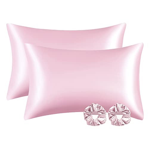 Luowei 2er Set Satin Kissenbezug 40x80 cm Rosa Glänzend Seidig Kopfkissenbezug für Haar- und Haut Superweicher Kissenhülle mit 2 Elastische Haargummis von Luowei