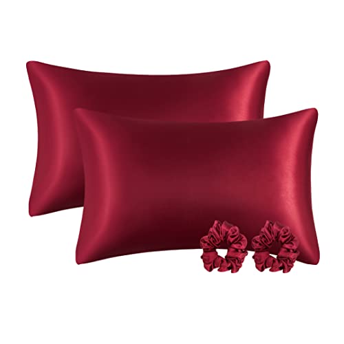 Luowei 2er Set Satin Kissenbezug 40x80 cm Rot Glänzend Seidig Kopfkissenbezug für Haar- und Haut Superweicher Kissenhülle mit 2 Elastische Haargummis von Luowei