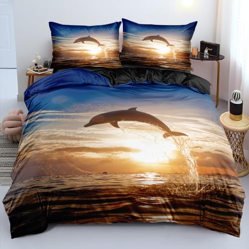 Luowei 3D Bettwäsche 135x200cm Schwarz Bettbezug Set Delfin Muster Microfaser Wendebettwäsche für Teenager und Zimmer mit persönlicher Dekoration mit Reißverschluss und 1 Kissenbezug 80 x 80 cm von Luowei