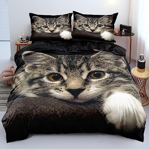 Luowei 3D Bettwäsche 155x220cm Bettwäsche Set 3D Katze Muster Weich Schwarz Mikrofaser Bettbezug mit Reißverschluss und 2 Kissenbezüge 80x80cm von Luowei