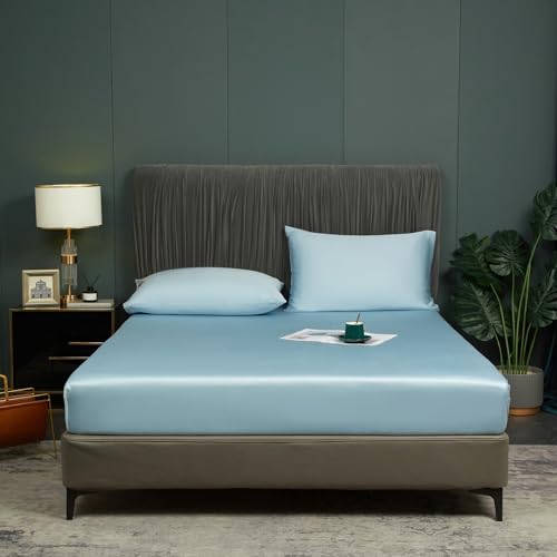 Luowei Bambus Spannbettlaken 200x200 cm Blau Weich Kühlung Bettlaken Boxspringbett aus Bambus Polyester Seidig Atmungsaktiv Spannbetttuch für 25-30 cm höhe matratze von Luowei