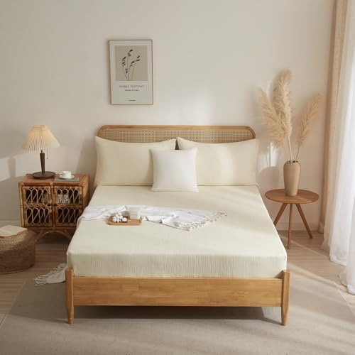 Luowei Beige Muslin Spannbettlaken 180x200cm 100% Baumwolle Bettlaken Boxspringbett Atmungsaktiv Hautfreundlich Leinenartigem Extra Tiefe Taschenlaken - 30 cm höhe Matratze von Luowei