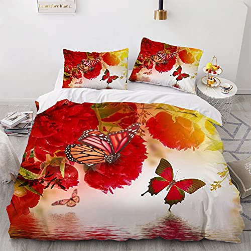 Luowei Bettwäsche 135x200cm 4 Teilig Blumen&Schmetterling Bettbezug Set Weiche Microfaser Rot Vintage Floral Schmetterlinge Bettbezug mit Reißverschluss und 2 Kopfkissenbezüge 80 x 80cm von Luowei