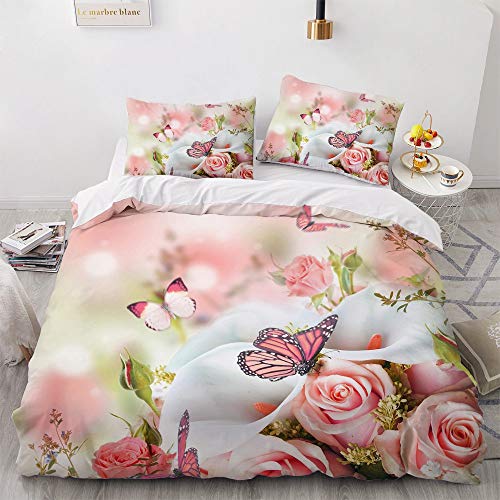 Luowei Bettwäsche 135x200cm 4 Teilig Rosa Rose&Schmetterling Blüten Bettbezug Set Weiche Microfaser Vintage Floral Blumen Bettbezug mit Reißverschluss und 2 Kopfkissenbezüge 80 x 80cm von Luowei