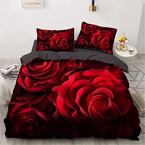 Luowei Bettwäsche 135x200cm 4 Teilig Rot Rosen Aesthetic Blüten Bettwäsche-Set für Doppelbett Weiche Microfaser Bettbezug mit Reißverschluss und 2 Kissenbezüge 80 x 80 cm von Luowei