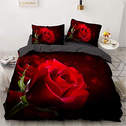 Luowei Bettwäsche 135x200cm 4 Teilig Rote Rose Blumen Muster Bettbezug Set Weiche Microfaser Romantische Aesthetic Blüten Bettbezug mit Reißverschluss und 2 Kissenbezüge 80 x 80 cm von Luowei