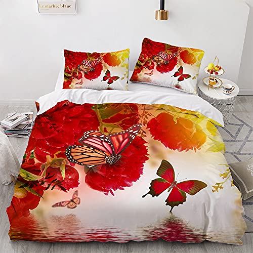 Luowei Bettwäsche 135x200cm Blumen&Schmetterling Bettbezug Set 2 Teilig Weiche Microfaser Rot Vintage Floral Schmetterlinge Bettbezug mit Reißverschluss und 1 Kissenbezug 80x80cm von Luowei