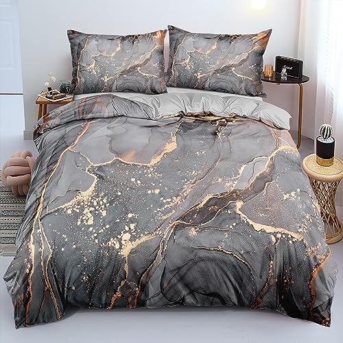 Luowei Bettwäsche 135x200cm Grau Gold Marmor BettwäSche Set 3D Drucken Mikrofaser Bettbezug und 1 Kissenbezug 80x80cm mit Reißverschluss von Luowei