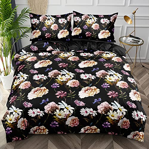 Luowei Bettwäsche 155x220 3tlg Blumen Schwarz Vintage mit 80x80 Reißverschluss Kissenbezüge, Mikrofaser von Luowei