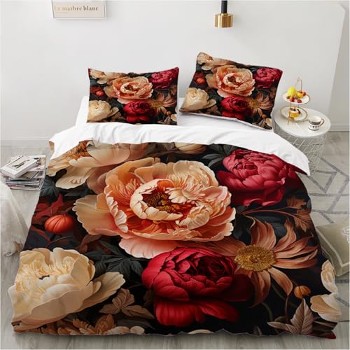 Luowei Bettwäsche 155x220 Blumen Motiv Rosa Rot - 3D Aesthetic Floral Mikrofaser Bettwäsche-Set 3 Teilig Mit Reißverschluss und 2 Kissenbezüge 80x80 cm - Weich Kuschelig von Luowei