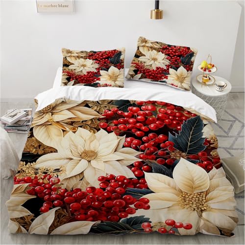 Luowei Bettwäsche 155x220 Blumen Motiv Weiß Rot Floral Bettwäsche 3D Aesthetic Blumen Bettwäsche Weich Kuschelig Mikrofaser Bettwäsche 3 Teilig mit Reißverschluss und 2 Kissenbezüge 80x80 cm von Luowei