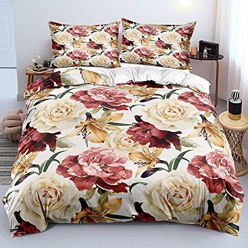 Luowei Bettwäsche 155x220cm 3D Blume Bettwäsche Set Mikrofasergewebe Beige Kamelie Rot Blume Muster Weiß Bettbezug und 2 Kissenbezüge 80x80cm mit Reißverschluss von Luowei