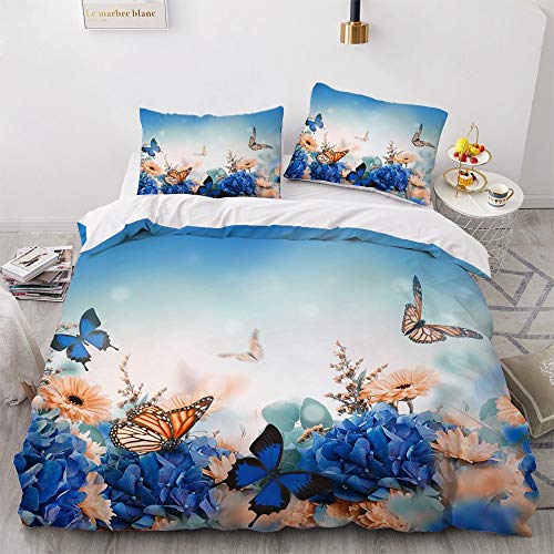Luowei Bettwäsche 155x220cm Blau Blumen&Schmetterling Bettbezug Set 3 Teilig Weiche Microfaser Vintage Floral Schmetterlinge Bettbezug mit Reißverschluss und 2 Kopfkissenbezüge 80 x 80cm von Luowei