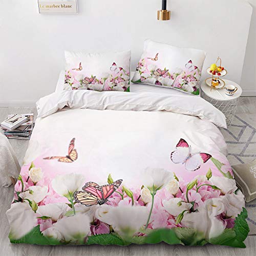 Luowei Bettwäsche 155x220cm Blumen&Schmetterling Bettbezug Set 3 Teilig Weiche Microfaser Rosa Vintage Floral Schmetterlinge Bettbezug mit Reißverschluss und 2 Kopfkissenbezüge 80 x 80cm von Luowei