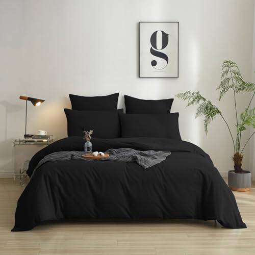 Luowei Bettwäsche 200x200 cm Baumwolle Schwarz Bettbezug 3teilig 100% Gewaschene Baumwolle Bequem Atmungsaktiv Oeko-TEX Zertifiziert Bettwäsche mit 2 Kissenbezug 80x80 cm und Reißverschluss von Luowei