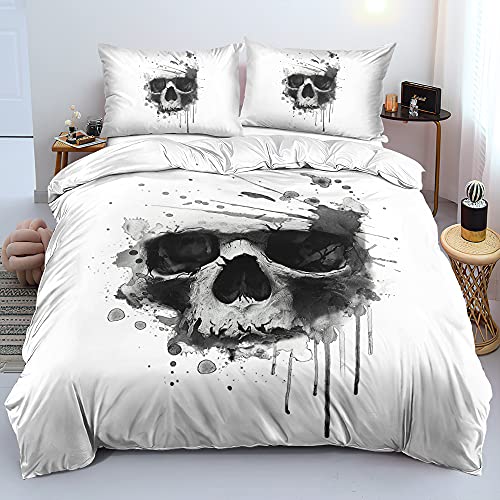 Luowei Bettwäsche 200x200 Skull Bettwäsche 3D Grau Skull Muster Weiß Weich Bettbezug mit Reißverschluss + 2 Kissenbezüge 80x80 cm, Alle Gruppen von Luowei