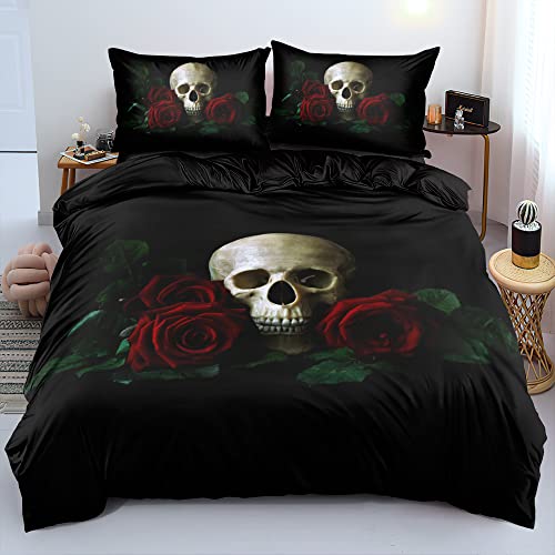 Luowei Bettwäsche 200x200 Skull Bettwäsche Set 3D Schädeldruck Schwarz Bettbezug und 1 Kissenbezug 80 x 80cm mit Reißverschluss von Luowei