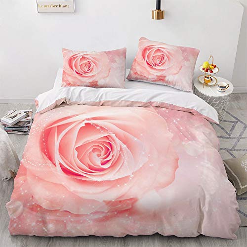 Luowei Bettwäsche 200x200cm Rosa Rosen Aesthetic Blumen Blüten Bettwäsche-Set für Doppelbett Weiche Microfaser Bettbezug mit Reißverschluss und 2 Kissenbezüge 80 x 80 cm von Luowei