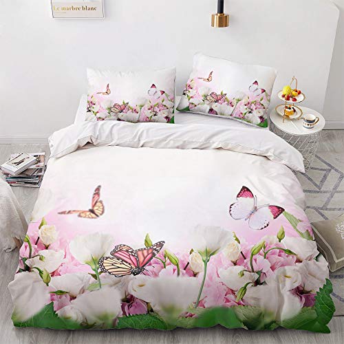 Luowei Bettwäsche 200x220cm Blumen&Schmetterling Bettbezug Set 3 Teilig Weiche Microfaser Rosa Vintage Floral Schmetterlinge Bettbezug mit Reißverschluss und 2 Kopfkissenbezüge 80 x 80cm von Luowei