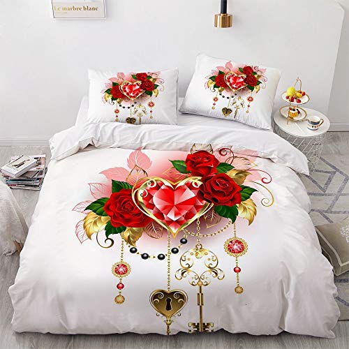 Luowei Bettwäsche 220x240cm Rot Rosen Bettbezug Set Romantische Blume Wendebettwäsche Microfaser Deckenbezug mit Reißverschluss und 2 Kissenbezüge 80 x 80 cm von Luowei