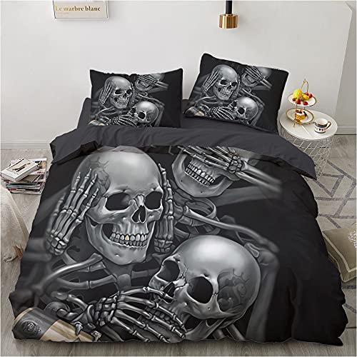 Luowei Bettwäsche 3D Skull Bettbezug Set 200x200cm Halloween-Thema Weiche Microfaser Bettbezug und 2 Kissenbezüge 80 x 80cm mit Reißverschluss von Luowei