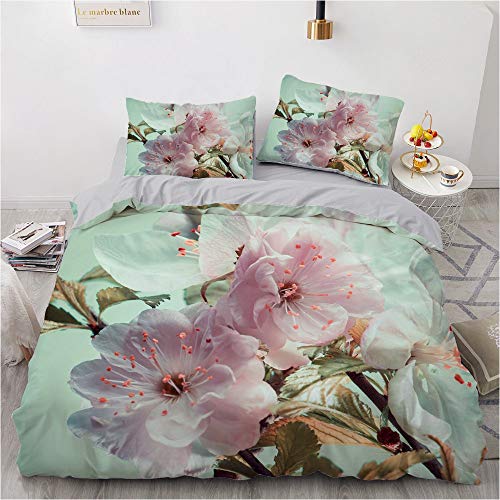 Luowei Bettwäsche Blumen 135x200cm 4 Teilig Grün Rosa Vintage Blüten Bettbezug und 2 Kopfkissenbezüge 80 x 80cm Weiche Microfaser Floral Bettwäsche Set für Doppelbett von Luowei