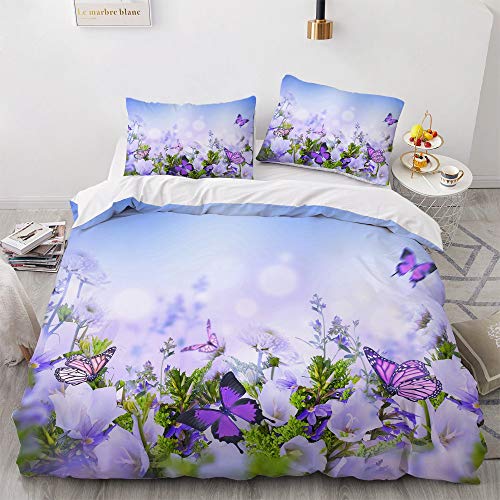 Luowei Bettwäsche Blumen 135x200cm 4 Teilig Lila Blüten Schmetterling Vintage Floral Bettbezug und 2 Kissenbezüge 80 x 80cm Weiche Microfaser Bettwäsche Set für Doppelbett von Luowei
