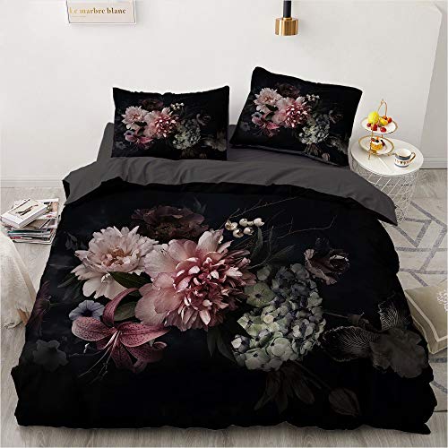 Luowei Bettwäsche Blumen 135x200cm Schwarz Vintage Floral Blüten Bettbezug Set Weiche Microfaser Bettdeckenbezug und 2 Kissenbezug 80 x 80cm für Einzelbett von Luowei