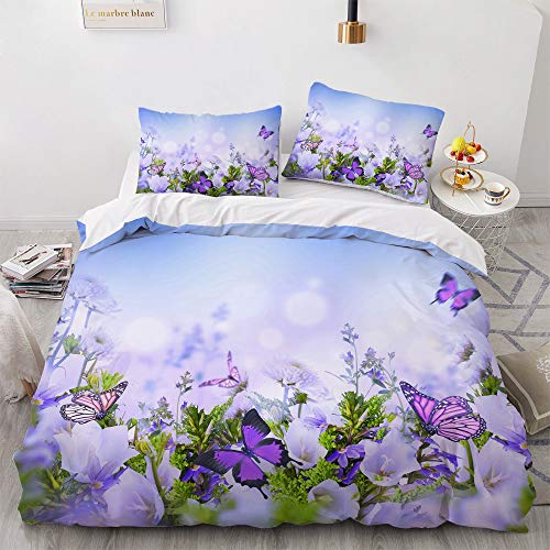 Luowei Bettwäsche Blumen 155x220cm Lila Blüten Schmetterling Vintage Floral Bettbezug und 2 Kissenbezüge 80 x 80cm Weiche Microfaser Bettwäsche Set für Doppelbett von Luowei