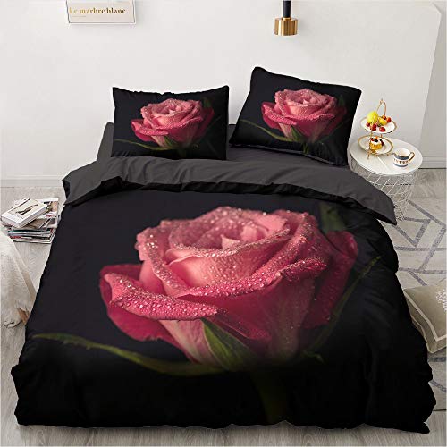 Luowei Bettwäsche Blumen 200x220cm Rosa Rosen Geblümt Bettbezug Set Microfaser Vintage Floral Bettwäsche mit Reißverschluss und 2 Kissenbezüge 80 x 80 cm von Luowei