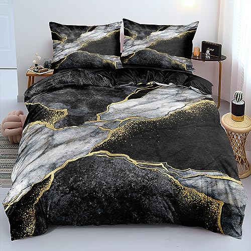 Luowei Bettwäsche Marmor 135×200cm 4 Teilig Grau Schwarz Gold Wendebettwäsche Microfaser 2 Bettbezüge und 2 Kissenbezüge 80x80cm mit Reißverschluss von Luowei