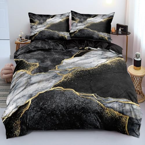 Luowei Bettwäsche Marmor 135×200cm 4 Teilig Grau Schwarz Gold Wendebettwäsche Microfaser 2 Bettbezüge und 2 Kissenbezüge 80x80cm mit Reißverschluss von Luowei