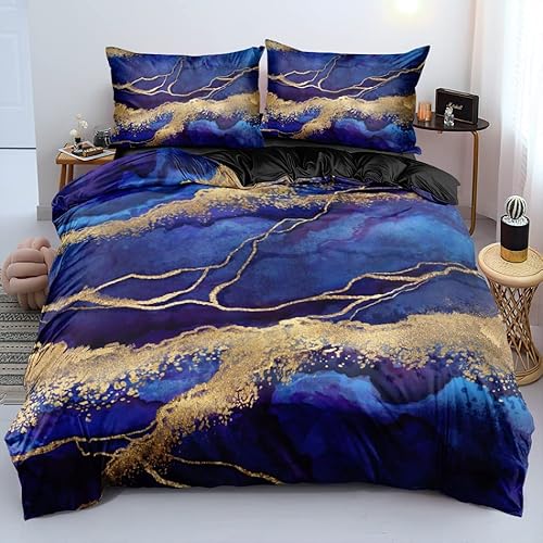 Luowei Bettwäsche Marmor 135×200cm 4 Teilig Lila Blau Gold Schwarz Wendebettwäsche Microfaser 2 Bettbezüge und 2 Kissenbezüge 80x80cm mit Reißverschluss von Luowei