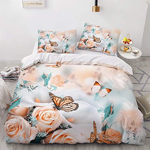 Luowei Bettwäsche Rosen 135x200cm 4 Teilig Blumen&Schmetterling Blüten Bettbezug Set Weiche Microfaser Vintage Floral Blumenmuster Bettbezug mit Reißverschluss und 2 Kopfkissenbezüge 80 x 80cm von Luowei