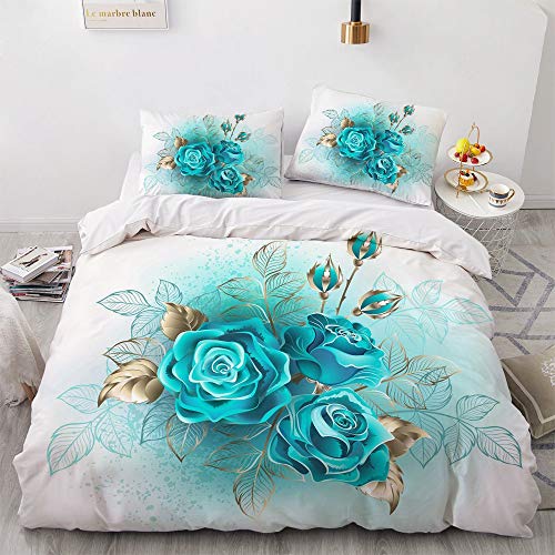 Luowei Bettwäsche Rosen 135x200cm Türkis Blumenmsuter Bettbezug Romantische Floral Microfaser Deckenbezug mit Reißverschluss und 1 Kissenbezug 80 x 80 cm von Luowei