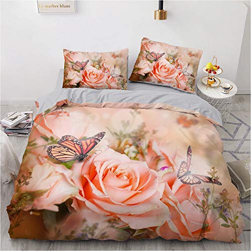 Luowei Bettwäsche Rosen 200x200cm Rosa Blüten Schmetterling Vintage Floral Bettbezug Set Weiche Microfaser Bettbezug und 2 Kissenbezüge 80 x 80cm für Doppelbett von Luowei