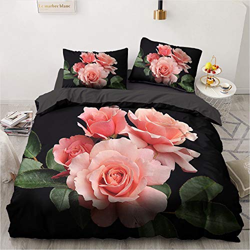 Luowei Bettwäsche Rosen 200x200cm Rosa Blumenmuster Bettbezug Set für Doppelbett Weiche Microfaser Romantische Blüten Deckenbezug und 2 Kissenbezüge 80 x 80cm von Luowei