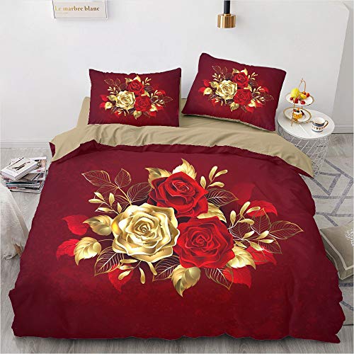 Luowei Bettwäsche Rote Rosen Bettbezug 135x200cm 4 Teilig Romantische Rosen-Blume Bedruckte Microfaser Einzelbett Deckenbezug mit Reißverschluss und 2 Kissenbezüge 80 x 80 cm von Luowei