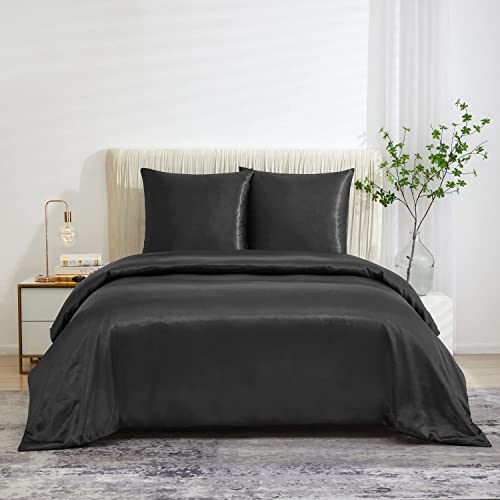 Luowei Bettwäsche Satin 155x220 3tlg Schwarz Glatt Glanzsatin Einfarbig Uni Bettwäsche Set Bettbezug und 2er Set Kissenbezug 80x80 mit Reißverschluss von Luowei