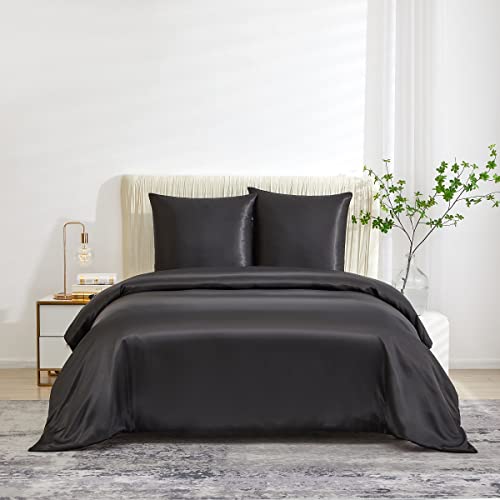 Luowei Bettwäsche Satin 200x200 3tlg Schwarz Einfarbig Uni Glatt Glanzsatin Bettwäsche Set Bettbezug und 2er Set Kissenbezug 80x80 mit Reißverschluss von Luowei