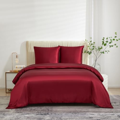 Luowei Satin Bettwäsche 200x200cm Burgundisch Luxus Seide Super Weich Mikrofaser Bettwäsche Set Anti Falten Anti Fading Antifouling Bettbezug + 2 Kissenbezug 80x80cm mit Reißverschluss von Luowei