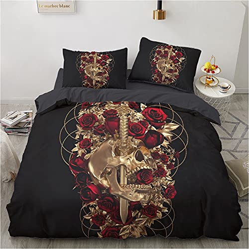 Luowei Bettwäsche Skull 135x200cm 4 Teilig Schwarz Gold Schädel Rosen Bettbezug Weiche Microfaser 3D Bettbezug mit Reißverschluss und 2 Kissenbezüge 80 x 80cm von Luowei