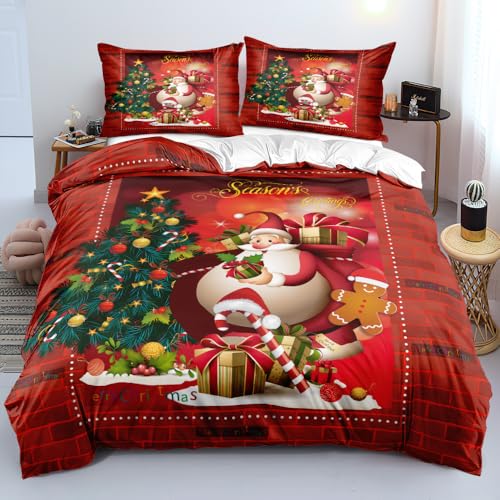 Luowei Bettwäsche Weihnachten 200x200 Weihnachts Rot Grün 3D Weihnachten Bettwäsche Weich Christmas Bettbezug Set 3 Teilig für Jugendliche Jungen Kinder mit Reißverschluss und 2 Kissenbezüge 80x80 cm von Luowei