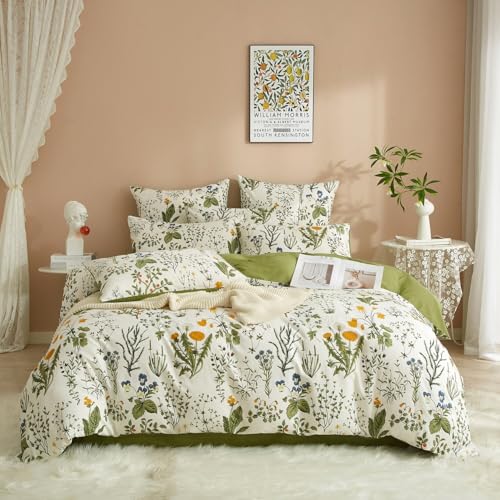 Luowei Blumen Bettwäsche 135x200 Baumwolle 4 teilig Bettbezug Weiß Grün Bettwäsche Sets 135 x 200cm mit 2 Kissenbezug 80x80cm Oeko-Tex Bettwäsche Set mit Reißverschluss von Luowei