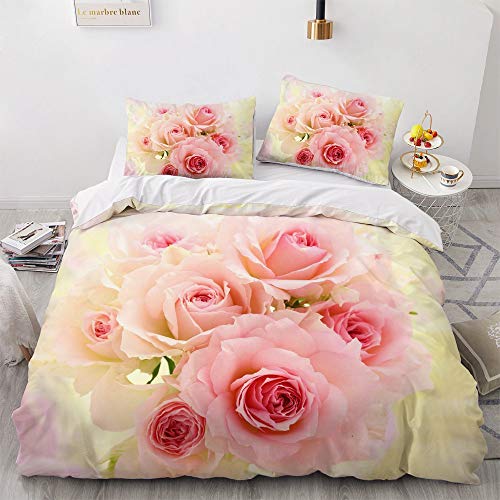 Luowei Blumen Bettwäsche 135x200cm 4 Teilig Rosa Rosen Blüten Bettbezug Set Weiche Microfaser Mädchen Bettwäsche mit Reißverschluss und 2 Kissenbezüge 80 x 80cm von Luowei