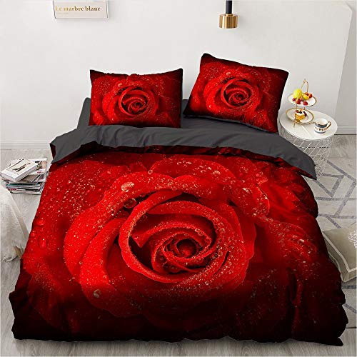 Luowei Blumen Bettwäsche 135x200cm 4 Teilig Rot Vintage Rose Bettbezug Set Weiche Microfaser Romantische Blüten Deckenbezug und 2 Kissenbezüge 80 x 80cm mit Reißverschluss von Luowei