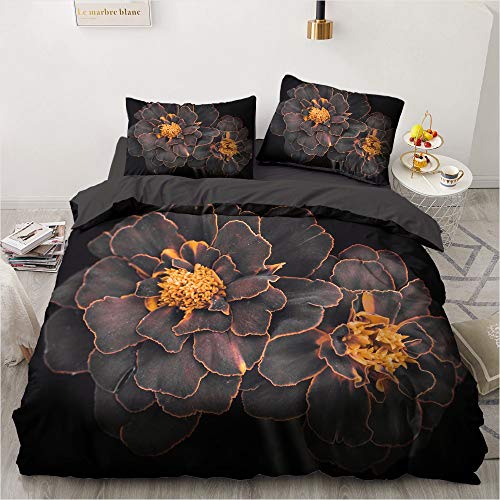 Luowei Blumen Bettwäsche 135x200cm Schwarz Orange Vintage Floral Bettbezug Set mit Reißverschluss Weiche Microfaser Deckenbezug und 1 Kissenbezug 80 x 80cm von Luowei