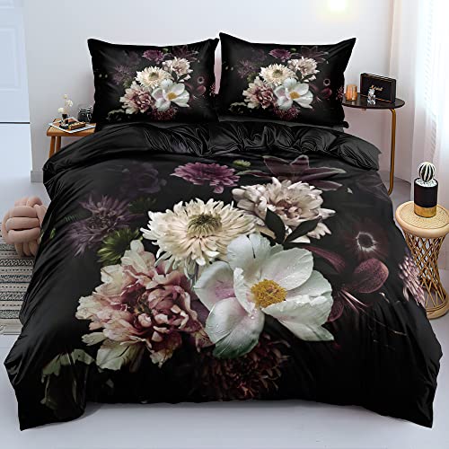 Luowei Blumen Bettwäsche 155x220 Schwarz Vintage Aesthetic Artistisch mit 80x80 Reißverschluss Kissenbezüge, Mikrofaser von Luowei