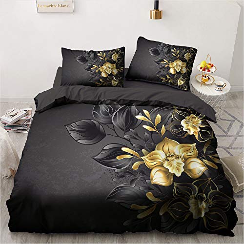 Luowei Blumen Bettwäsche 200x200cm Schwarz Gold Romantische Floral Bettbezug mit Reißverschluss Microfaser Deckenbezug und 2 Kissenbezüge 80 x 80 cm von Luowei