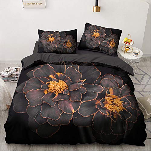 Luowei Blumen Bettwäsche 200x200cm Schwarz Orange Vintage Floral Bettbezug Set mit Reißverschluss Weiche Microfaser Deckenbezug und 2 Kissenbezüge 80 x 80cm von Luowei
